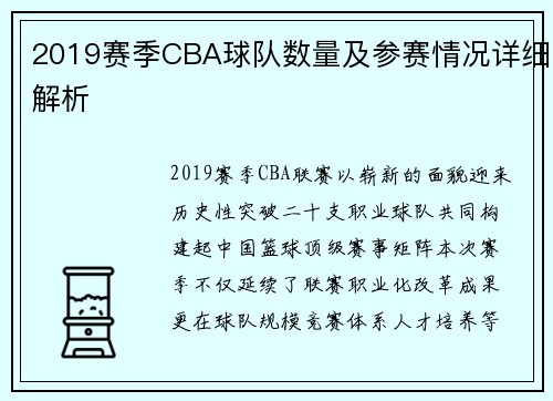 2019赛季CBA球队数量及参赛情况详细解析