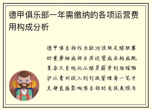 德甲俱乐部一年需缴纳的各项运营费用构成分析