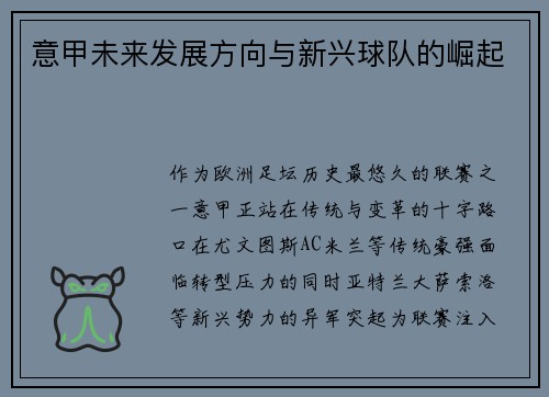 意甲未来发展方向与新兴球队的崛起